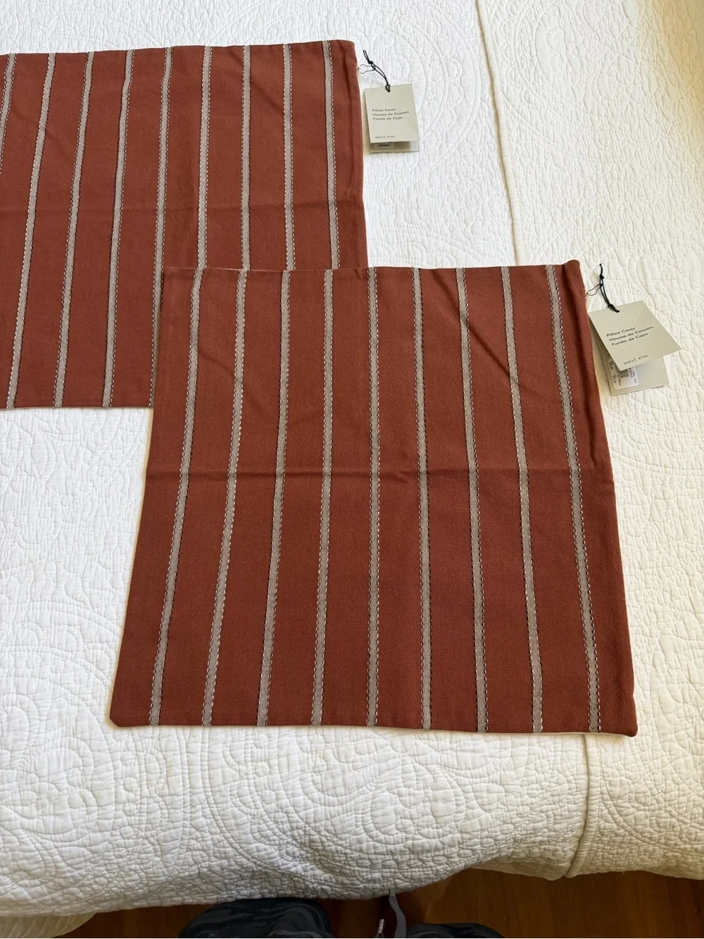 West Elm 18 by 18 100% cotton rust pillow case cover stripped